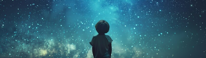 Child looks up at the stars at night, Dreaming, Night Sky.