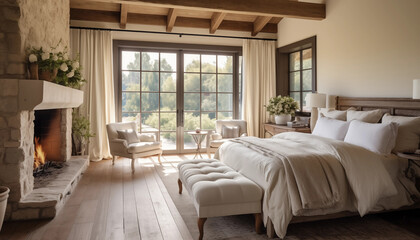 A cozy elegant bedroom with a fireplace two armchairs a kingsize bed and a view of the garden