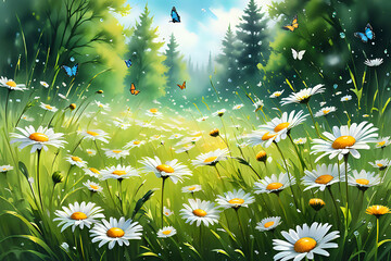 Watercolor painting abstract minimalistic landscape image of .  Summer floral nature background panorama with blooming on the grass.
