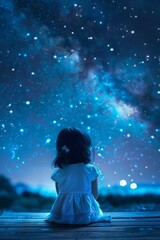 Child looks up at the stars at night, Dreaming, Night Sky.