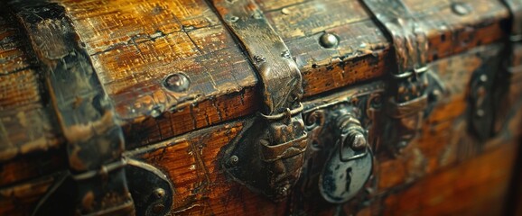 Naklejka premium Closeup of a vintage wooden chest, showing the rich grain, worn edges, and patina developed over years of use.