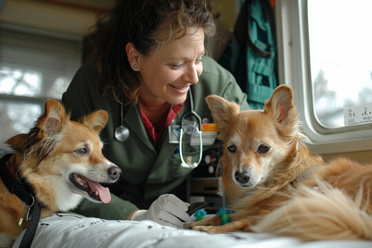 Mobile vet service arriving at a pet owner's home, with a veterinarian treating a dog in a familiar environment. The scene showcases the convenience and accessibility of mobile veterinary care, with
