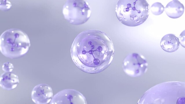 Macro shot of various air bubbles in water rising on a light blue background. Super slow motion Beauty glossy Moisturizing bubble blobs or drops 3D animation design