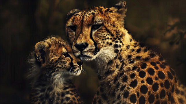 close up of a cheetah mom and cub