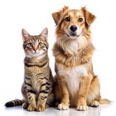 Friendly Cat And Dog Sitting Together On White Background. Generative AI