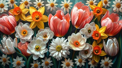 Lively spring flower background with a mix of tulips, daisies, and daffodils, rendered in bright, cheerful colors that evoke the freshness and vibrancy of the season. Minimal and Simple,