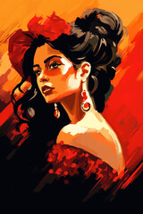 a poster for a woman with a red and yellow background