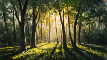 Obraz premium The light of the sun's rays penetrating through the forest canopy casts mottled shadows on the forest clearing, creating an atmosphere of serene tranquility.