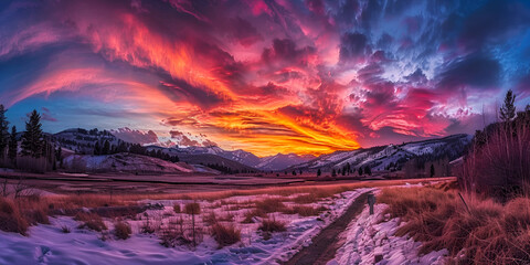 Colorful Sunset Over a Snowy Landscape | Vibrant Sky and Snow-Covered Fields at Dusk