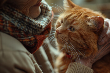 Veterinarian conducting a check-up on an elderly cat, using gentle hands and a caring approach. The scene emphasizes the compassion and dedication involved in animal healthcare, with the vet