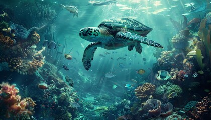 Fototapeta premium Colorful underwater photograph of diverse marine animals and a large turtle swimming gracefully