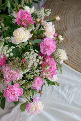 Composition of peonies. red peonies on the background