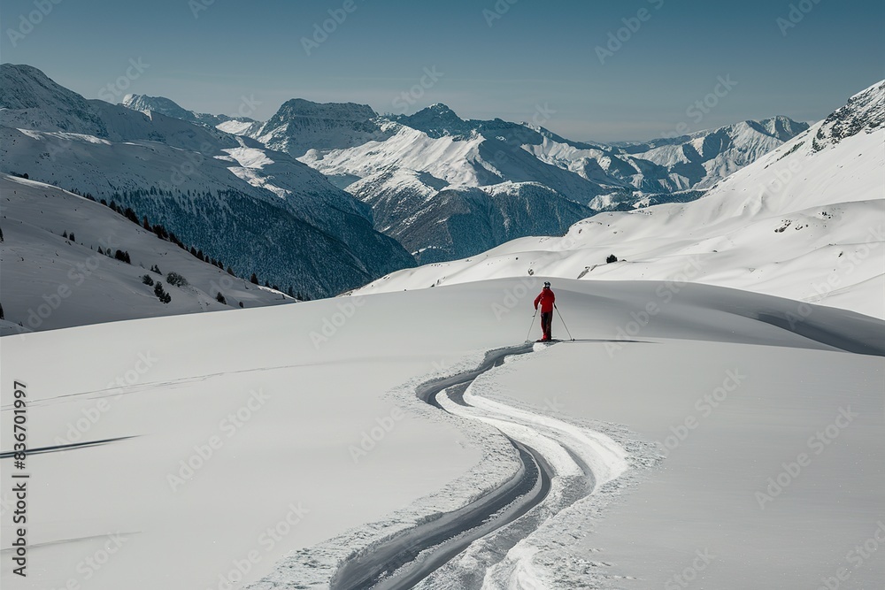 Wall mural Skier tracks in fresh snow alone on the italian alps