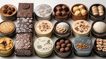 Mockups of confectionery packaging, including chocolate boxes, candy wrappers, and cookie tins, displayed on a white background to emphasize their design and appeal. Minimal and Simple,