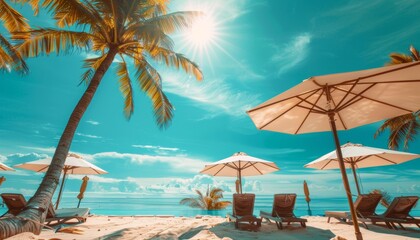 Obraz premium Luxury beach resort hotel swimming pool and leisure beach chairs under palm trees on sunny day