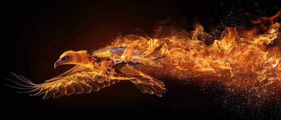 A vulture soaring with flames trailing