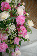 Composition of peonies. red peonies on the background