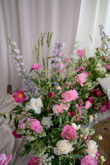 Composition of peonies. red peonies on the background	