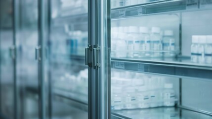 Close-up of a pharmacy's refrigerated vaccines, foggy, no people, muted evening light