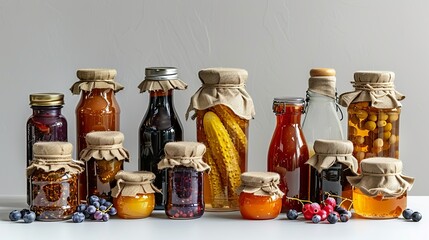 Mockups of various types of food jars, including jam jars, sauce bottles, and pickle jars, all displayed on a white background to highlight their design and functionality. Minimal and Simple,