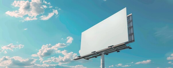A large blank billboard with a steel frame mounted high against a blue sky with wispy clouds, perfect for advertising.