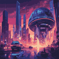 Step into the future with this captivating digital illustration of a neon-lit cityscape. Skyscrapers and futuristic vehicles create a dynamic scene that embodies innovation and progress.