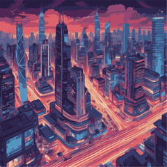 Step into the future with this captivating digital illustration of a neon-lit cityscape. Skyscrapers and futuristic vehicles create a dynamic scene that embodies innovation and progress.