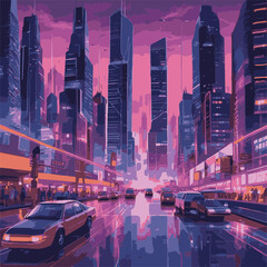 Step into the future with this captivating digital illustration of a neon-lit cityscape. Skyscrapers and futuristic vehicles create a dynamic scene that embodies innovation and progress.