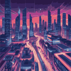 Step into the future with this captivating digital illustration of a neon-lit cityscape. Skyscrapers and futuristic vehicles create a dynamic scene that embodies innovation and progress.
