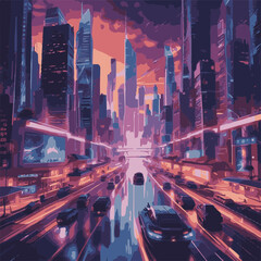 Step into the future with this captivating digital illustration of a neon-lit cityscape. Skyscrapers and futuristic vehicles create a dynamic scene that embodies innovation and progress.