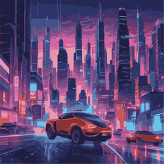 Step into the future with this captivating digital illustration of a neon-lit cityscape. Skyscrapers and futuristic vehicles create a dynamic scene that embodies innovation and progress.
