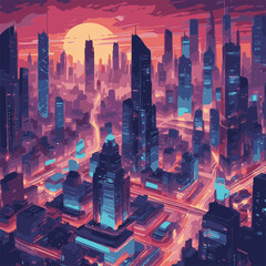 Step into the future with this captivating digital illustration of a neon-lit cityscape. Skyscrapers and futuristic vehicles create a dynamic scene that embodies innovation and progress.