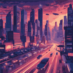 Step into the future with this captivating digital illustration of a neon-lit cityscape. Skyscrapers and futuristic vehicles create a dynamic scene that embodies innovation and progress.