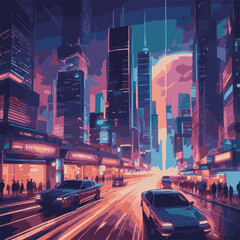 Step into the future with this captivating digital illustration of a neon-lit cityscape. Skyscrapers and futuristic vehicles create a dynamic scene that embodies innovation and progress.