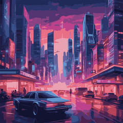 Step into the future with this captivating digital illustration of a neon-lit cityscape. Skyscrapers and futuristic vehicles create a dynamic scene that embodies innovation and progress.
