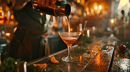 Barman pouring fresh alcoholic drink into the glasses with ice cubes on the bar counter