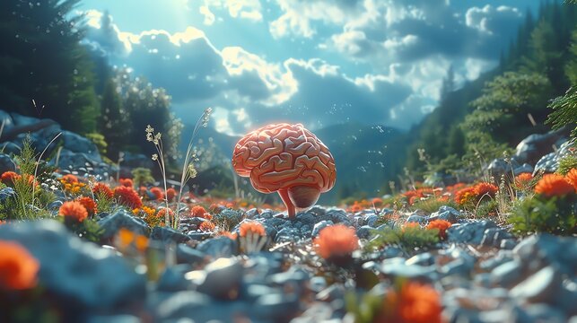 A human brain growing in a lush mountain meadow, symbolizing intellect and nature's power.