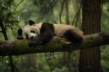 Obraz premium Peaceful Giant Panda Sleeping on Moss-Covered Tree Branch in Forest