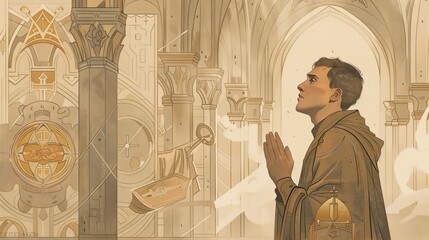 Saint Anselm in Prayer, Cathedral Setting with Church Symbols, Serene and Devoted Expression, Biblical Illustration, Beige Background, Copyspace