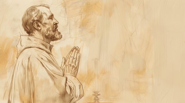 Saint Thomas Becket in Cathedral, Facing Assassins with Courageous Expression, Biblical Illustration, Beige Background, Copyspace