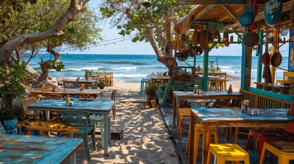 A beachside cafe using furniture and decor made from recycled ocean plastics generated by AI