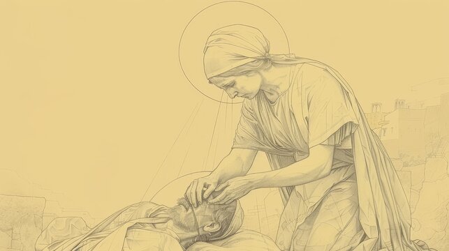 Saint Lucy Performing Miracle, Healing Blind, Radiant Halo, Biblical Illustration, Beige Background, Copyspace