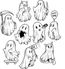Set of cute ghosts, Halloween ghost, black and white sketch of ghost on white background, collection ghosts in doodle style, vector illustration clip art
