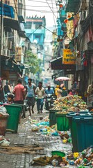 A bustling market street in an urban setting with prominent recycling bins generated by AI