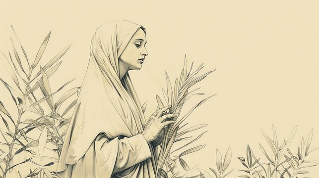 Saint Eulalia of M&eacute;rida Bravely Facing Martyrdom, Roman Persecutors, Biblical Illustration, Beige Background, Copyspace