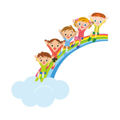 大きな虹にを滑る笑顔の子供達