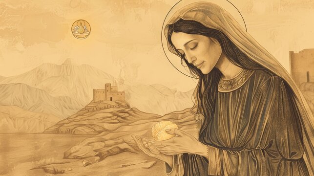 Saint Zita Performing Miracle, Providing Bread for Poor, Radiant Halo, Biblical Illustration, Beige Background, Copyspace