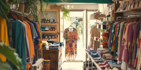 A fashionable boutique featuring clothes made from recycled fabrics generated by AI