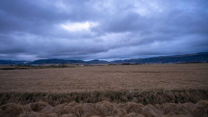 graue Steppe vor bewölktem Himmel auf Island