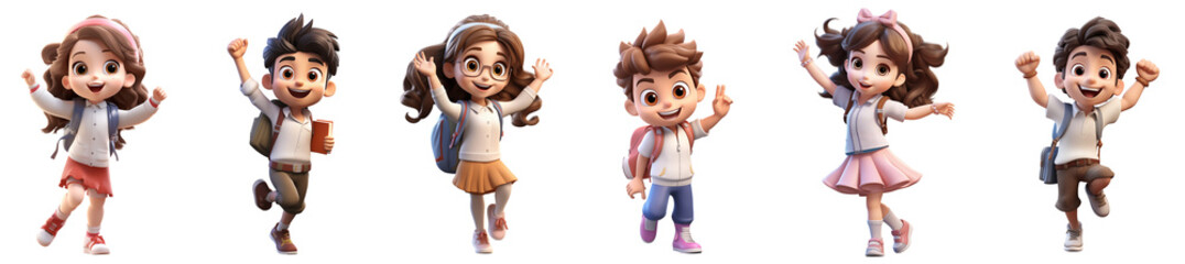 Set of 3d cartoon happy smile cheerful school children standing celebrating success, Full body isolated on white background, png